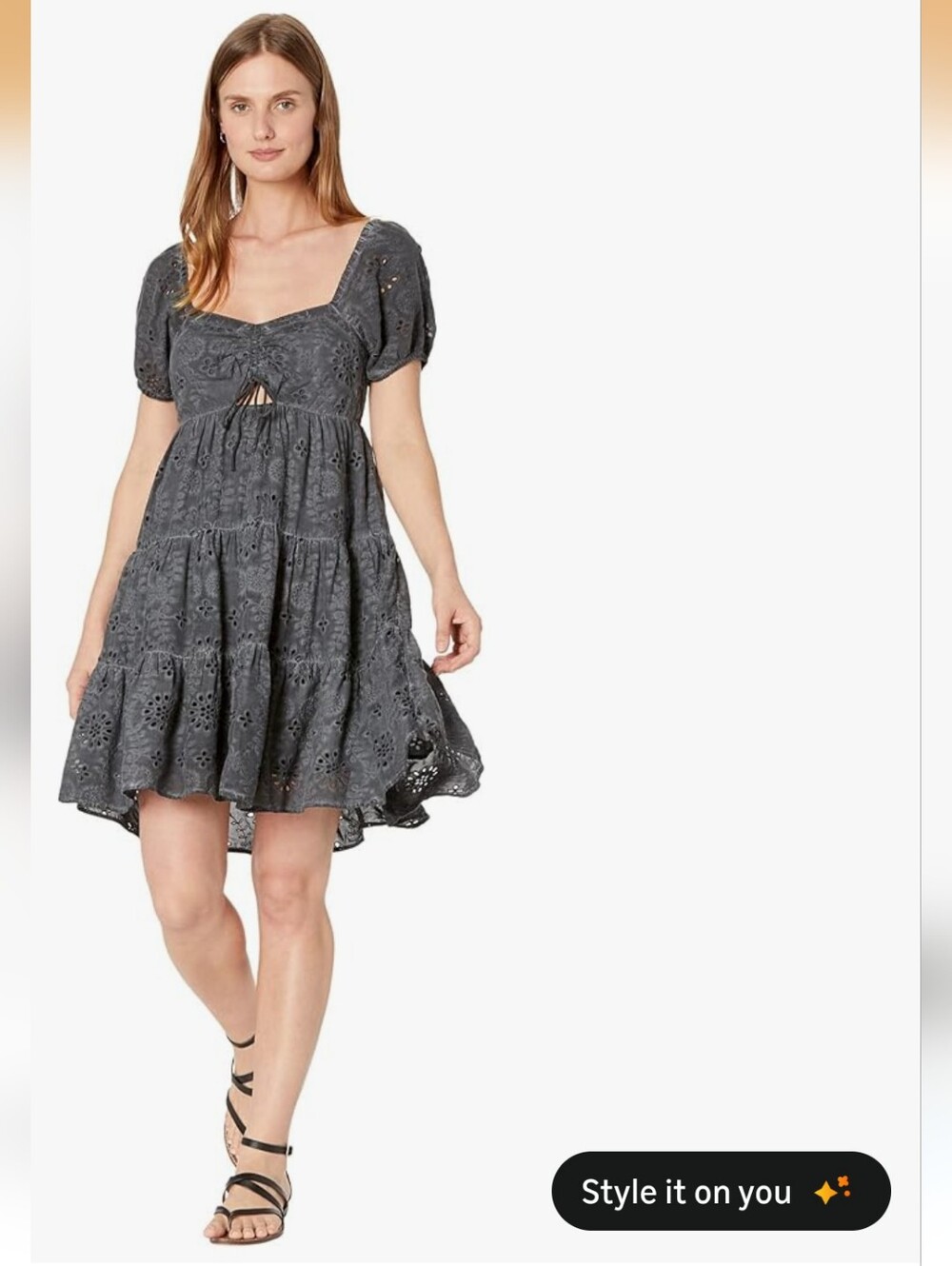 Lucky Brand Gray Eyelet Puff-Sleeve Mini Dress 🫰🏾✨Size XL
